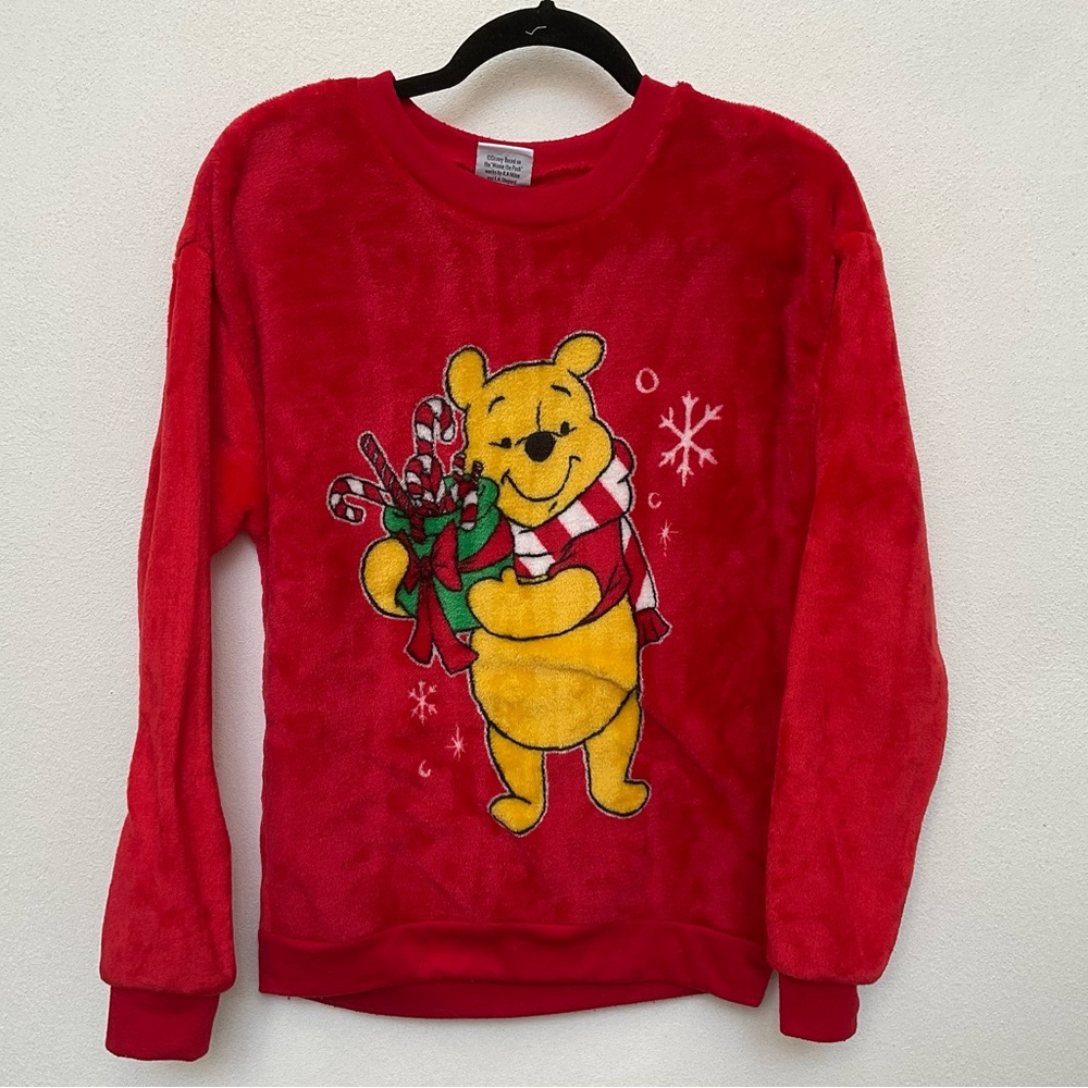 Disney Red Velour Holiday Winnie the Pooh Sweater Size M 7-9 Candy Canes
